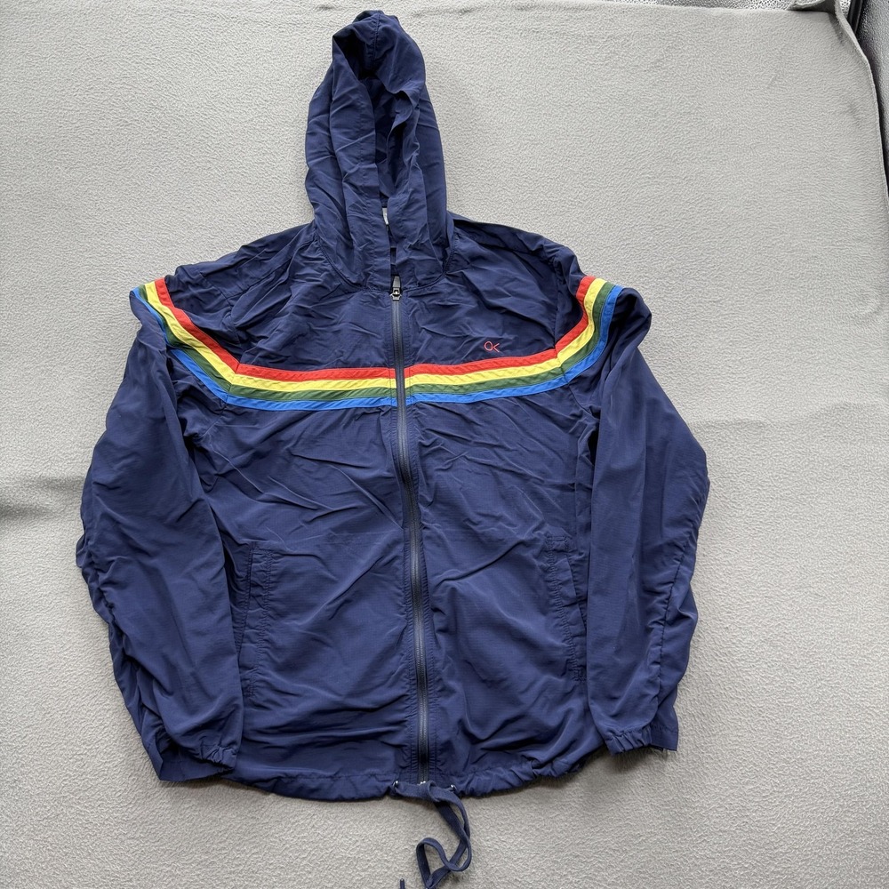Outerknown Jacket Mens Large Blue Hooded‎ Windbreaker Rainbow Stripe Nylon Shell
